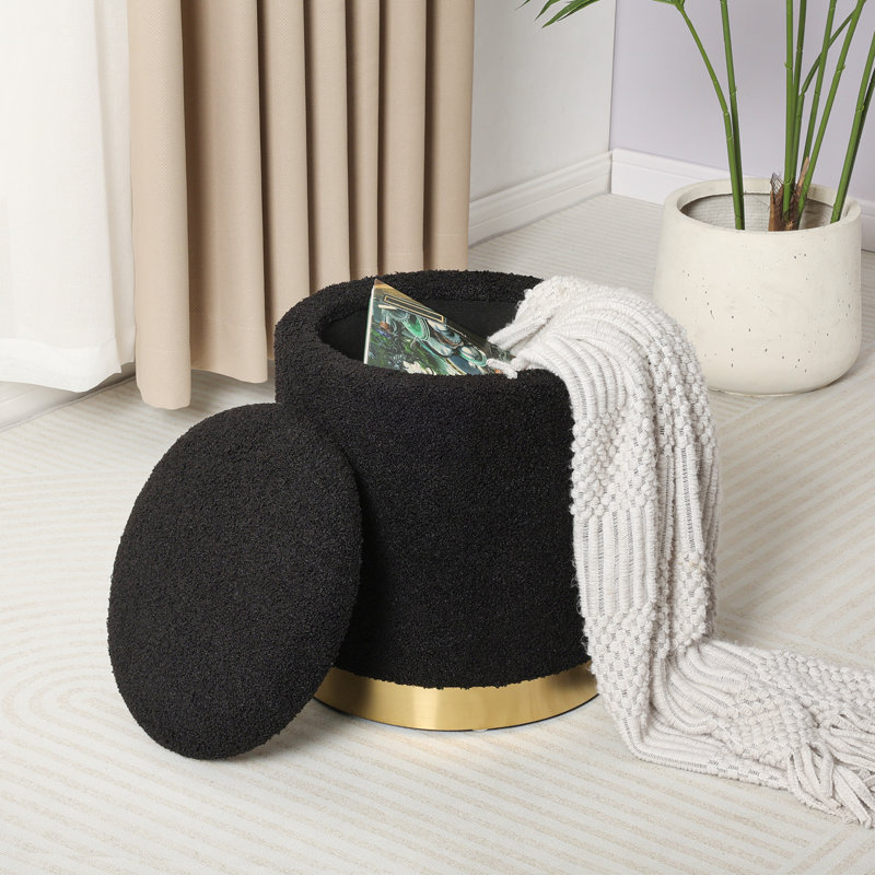 Teddy Fleece Round Ottoman With Storage, Black