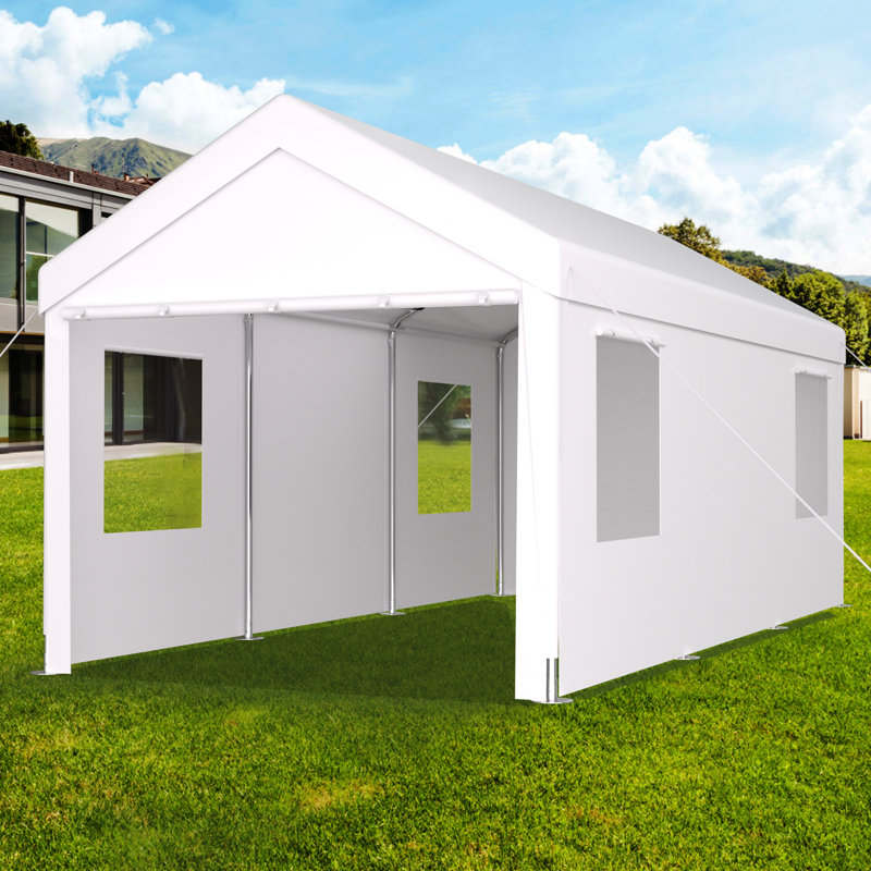 Abri d'auto robuste 10 pi x 20 pi, portatif avec 2 portes et 4 fenêtres ventilées, pour tondeuses à gazon, blanc , White