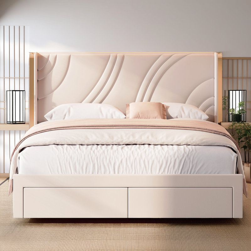 Structure de lit tapissier en velours avec tête de lit et tiroirs à DEL RVB, Lit double, Beige