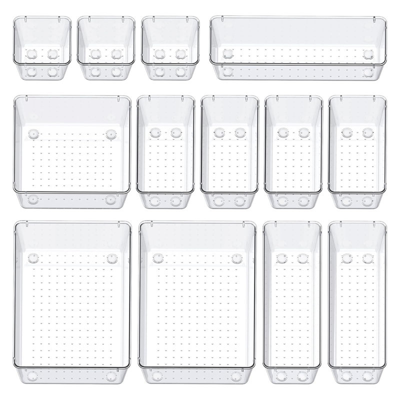 Clear Drawer Organizers Set of 13, 5-Size Vanity Organizer Trays, Stackable Bathroom & Desk Drawer Organizer for Makeup, Jewelry, Kitchen Utensils, Office Supplies and Small Gadgets Storage
