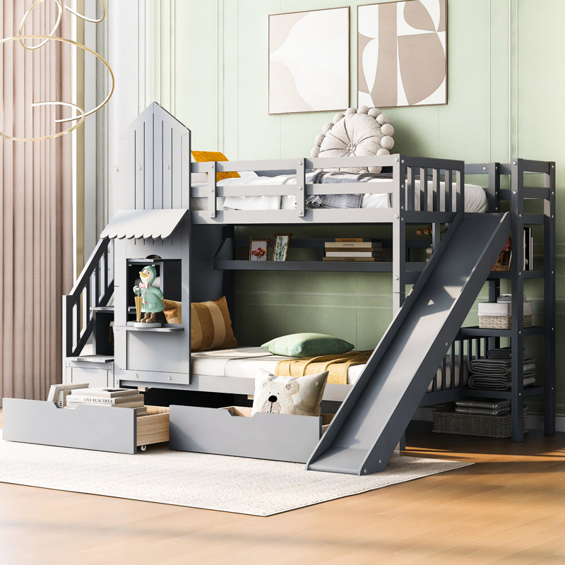 Twintwin Bunk Bed Gray With 2 Drawers, 3 Shelves & Slide. Stable Wood Construction. Suitable For Over 6. No Box Spring Needed Shelf And Drawer