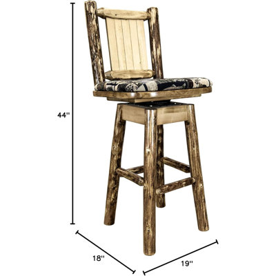 Glacier Country Collection Barstool w/ Back & Swivel, Woodland Pattern Upholstery w/ Laser Engraved Bronc Design