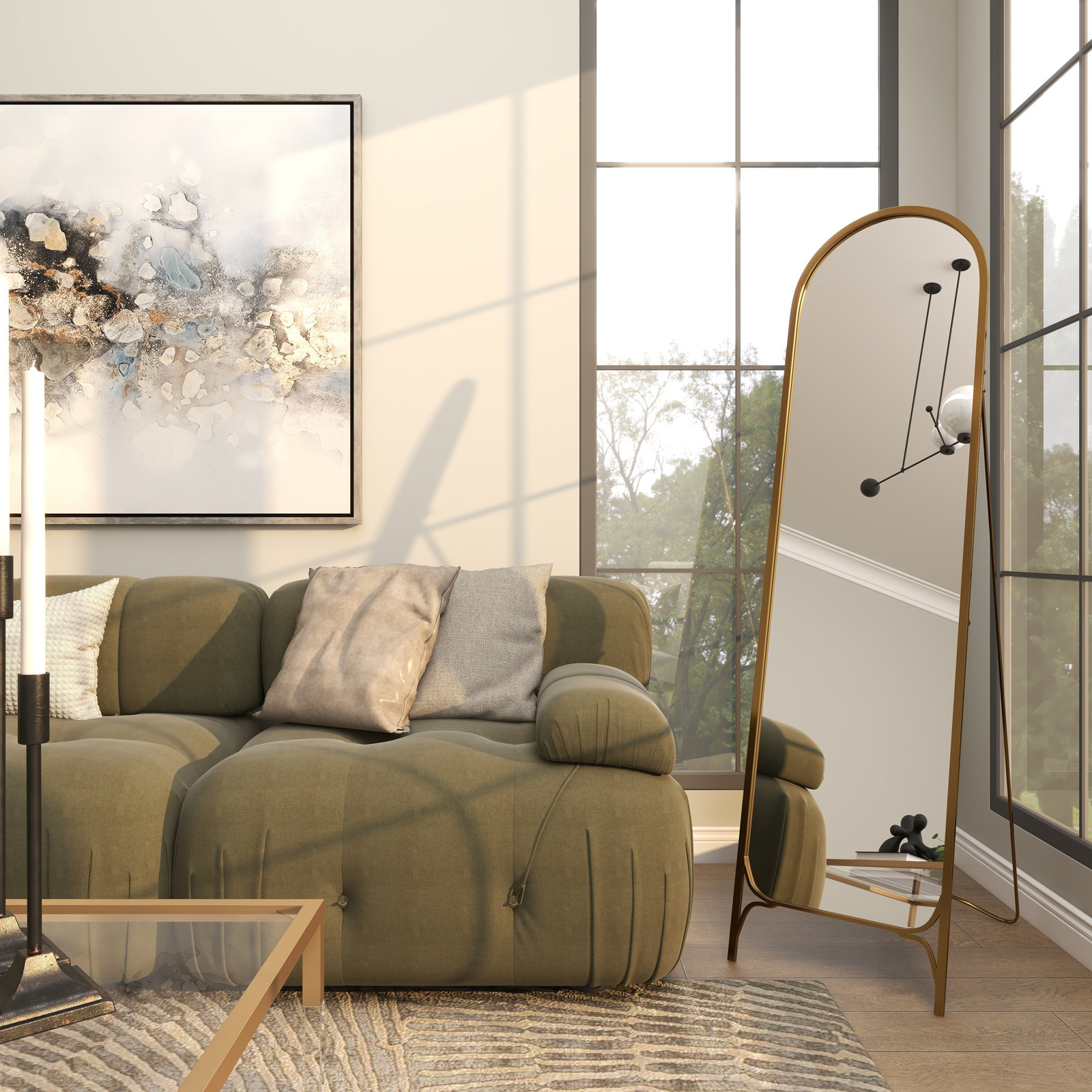 Metal Arched Freestanding Foldable Gold Floor Mirror