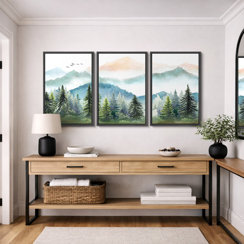 Woodland Forest Landscape "Green Watercolor Pastel Mountain Pine Tree Artwork, Neutral Modern Rustic Wall Pictures, Large Framed Canvas Giclee Print 3 Pieces Wall Art Set"  16"x24"x3 pcs, 24"x36"x3 pcs