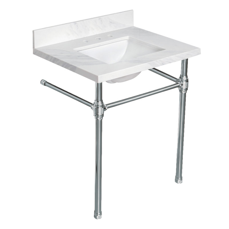 Kingston Brass Mayorca 31-Inch Quartz Console Sink with Brass Legs (8-Inch, 3-Hole), Quartz White/Polished Chrome