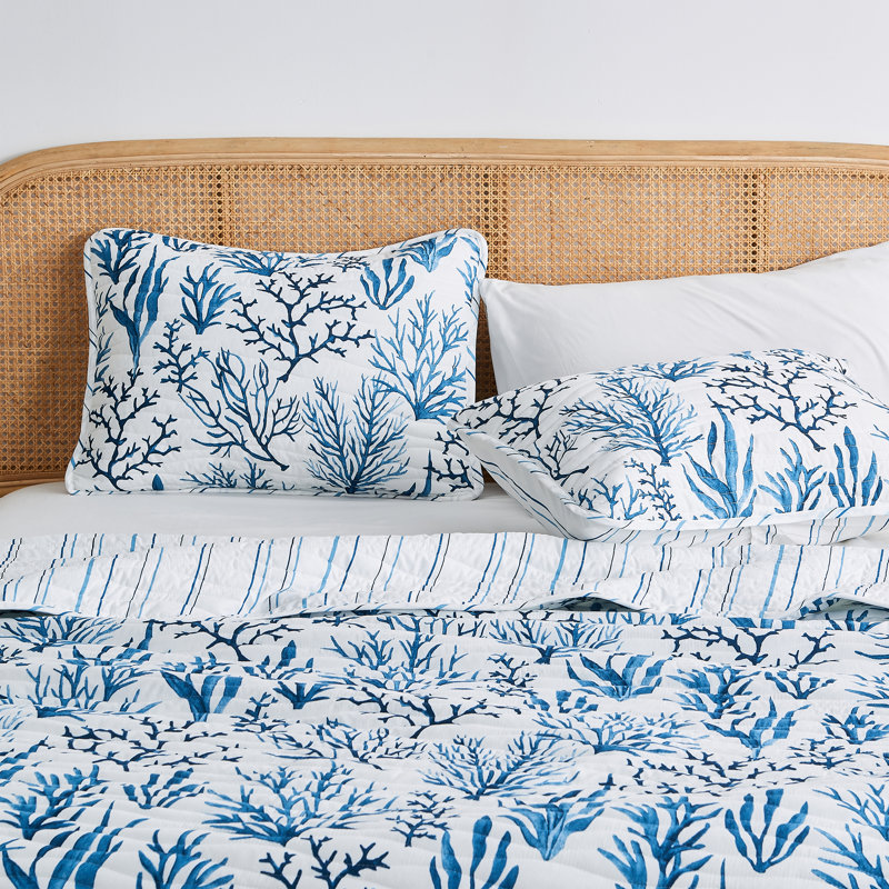 Navy Coral Twin Reversible Microfiber Coastal Quilt Set