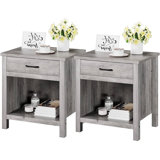 Jazlee Grey Nightstand Set Of 2, Beside End Table For Bedroom Living Room Nursery Office, Wood Night Stand Side Table With Drawer And Storage Shelf, Easy Assembly
