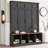 Versatile Hall Tree With 4 Hanging Hooks, Brown Wood Grain Bench With Multiple Storage Space, Entryway Cabinet With Open Compartments-1980620297