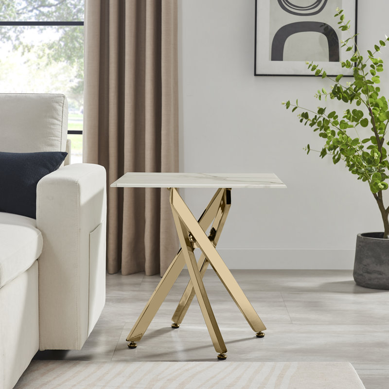 Atal Marble Effect Sofa Side Table - Glass Topped Metal Leg Small Table, Gold Chrome Metal, White Marble Effect