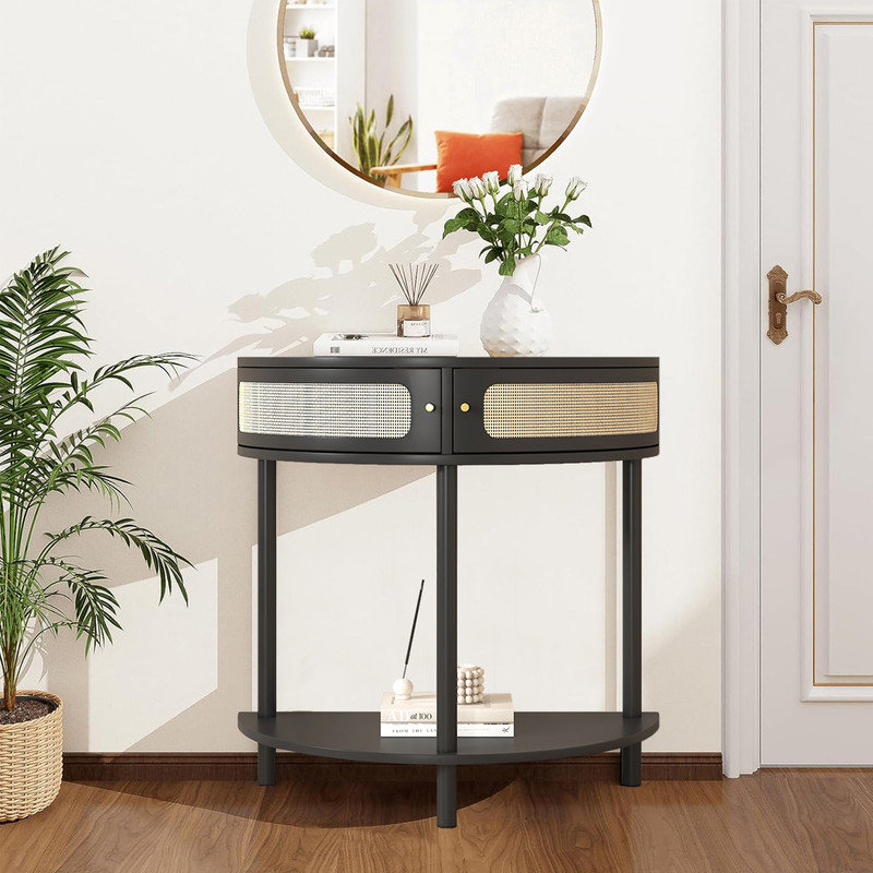 Side Table, End Table with 2 half moon design Cabinets and a Bottom Shelf for Living room, Bedroom, Study