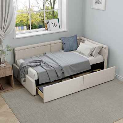 Lit de coin en L de style moderne avec lit simple tapissier et deux tiroirs de rangement