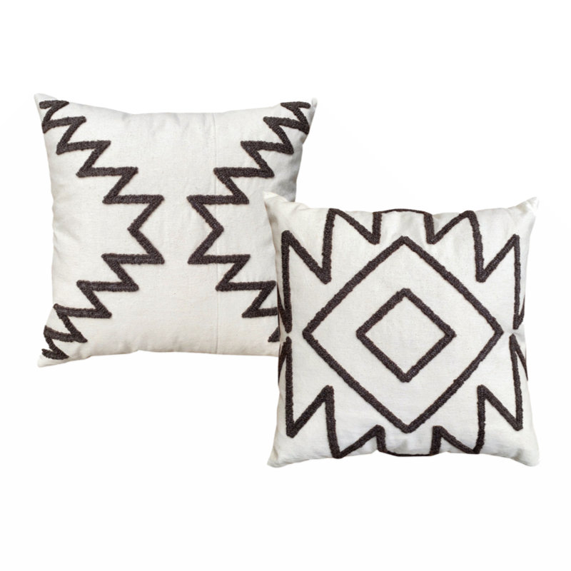 17 x 17 Inch White and Gray Cotton Embroidered Throw Pillow Set
