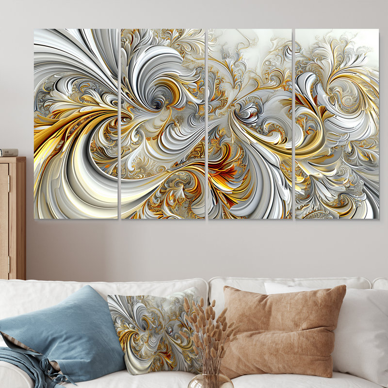 «Whirling River Dynamics Gold and White I - Abstract Spirals», art mural sur toile 4 pièces, H 32 po x l 64 po