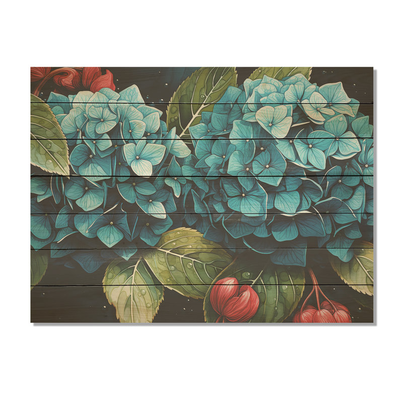 Blue Hydrangea Bouquet Harmony - Hydrangea On Wood Print, 30" H x 40" W
