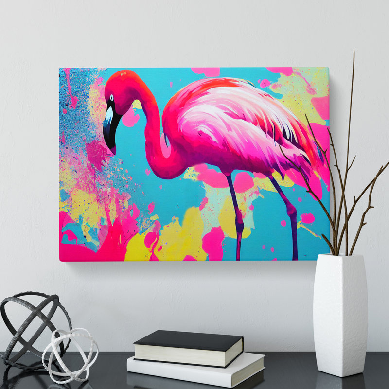Flamingo Splash - Wrapped Canvas Print, 35cm H x 50cm W x 3cm D