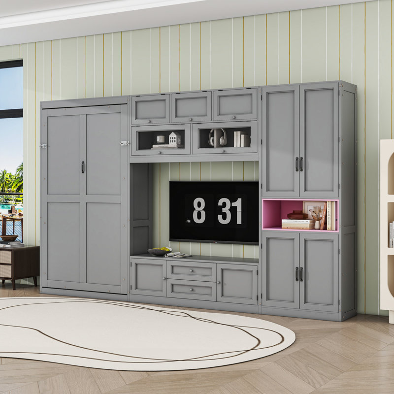 Lit escamotable avec meuble télé, 2 tiroirs, tablettes et armoires, gris