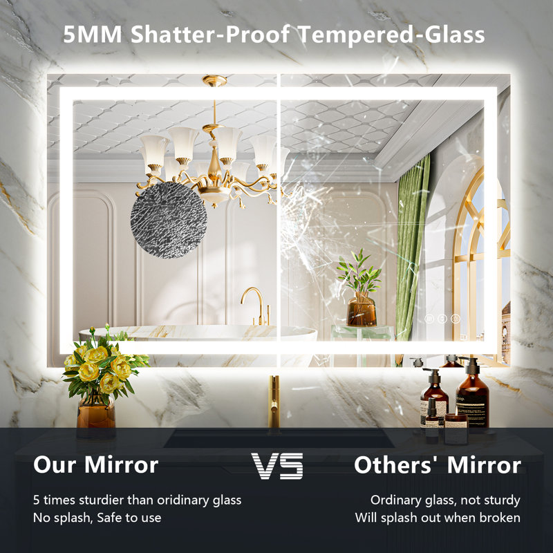 Akilan Frameless LED Vanity Mirror with Front-lit and Back-lit, Memory Function, 3 Color Temperatures & Dimmable Light, Anti-fog Tempered Glass ETL Mirror