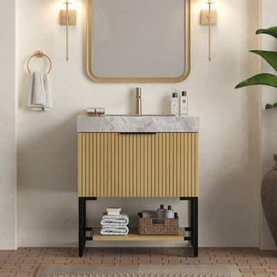 Meuble-lavabo de salle de bain de style 30 po, lavabo en céramique, comptoir en pierre frittée grise, armoire en chêne, tiroir et étagère. Meuble-lavabo autoportant avec tablette ouverte, comptoir et armoire en contreplaqué coloré.