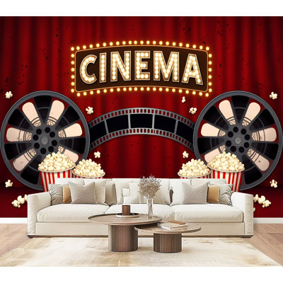 Peel and Stick Wallpaper Cinema Popcorn Film Reels Vintage Light Sign Wall Murals 69"H x 96"W Removable PVC Wall Paper Self-Adhesive Wall Decor for Bedroom Living Room Home Office