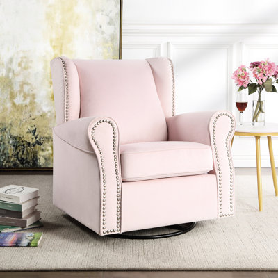 Chaise pivotante rose, revêtement en tissu, base en bois massif et en composite, assise en mousse à haute densité à ressorts ensachés, coussin amovible, siège pivotant à 360 degrés, garniture cloutée, siège rembourré de 20 po