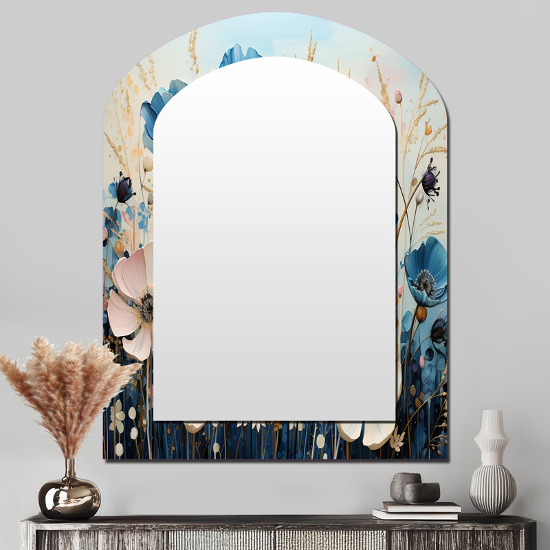 Meadow Whimsical Meadowscape Pointillism - Meadow Arch Large Wall Mirror, Traditional Asymmetrical Decorative Mirror, Printed Metal Art