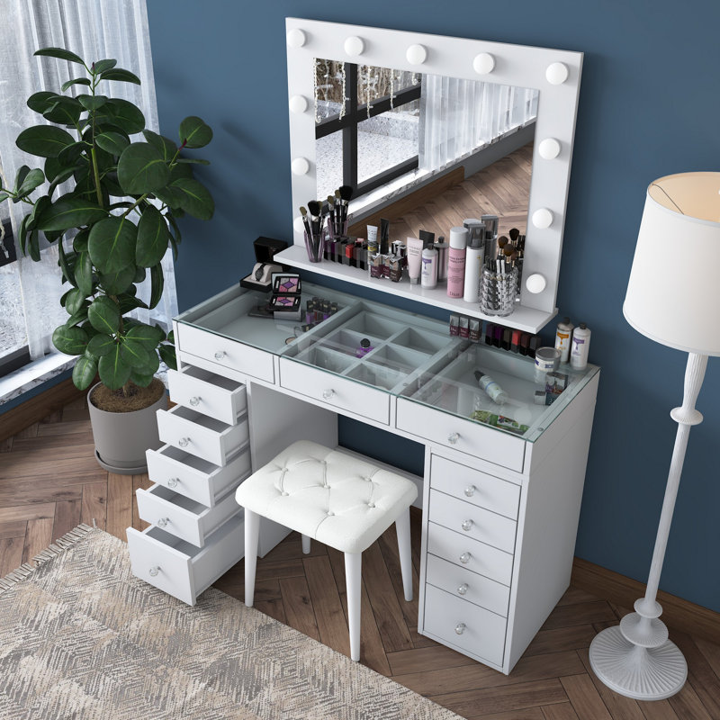 Modern Make-Up Table with Mirror & Pouffe, White, 47.2 x 31.4 x 17.5 inches | 100% Melamine Coated E1 Quality Chipboard, 0.7-inch Thickness | Multiple Shelves, Wall-Mountable, Stylish & Functional Design