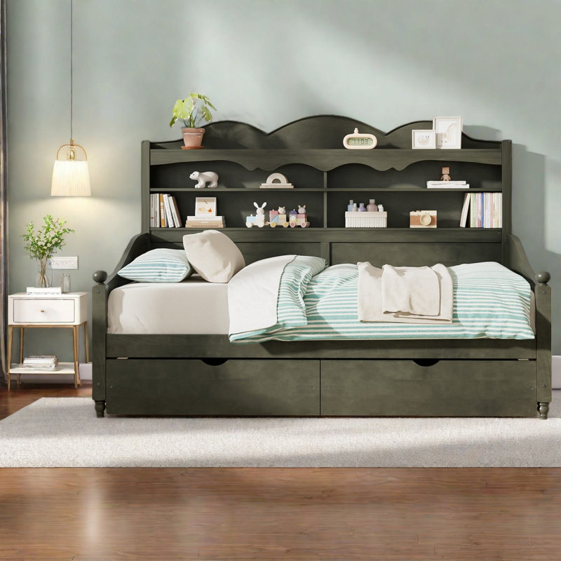 Lit de jour simple en bois avec rangement en gris antique