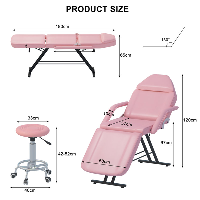 Adjustable Massage Table, Beauty Spa Facial Salon Tattoo Massage Bed with Stool, Pink