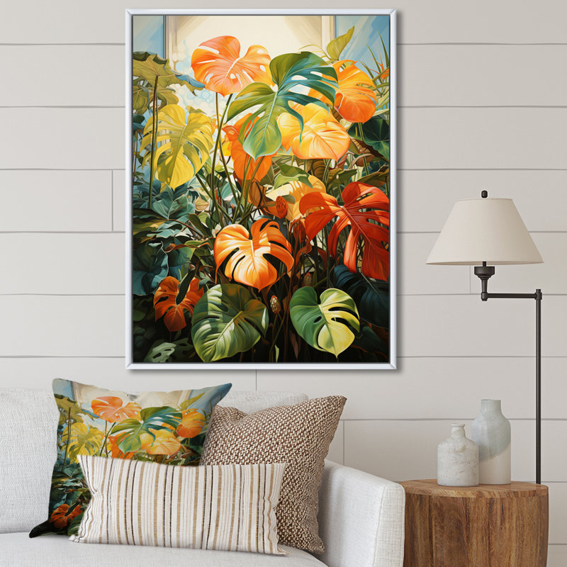 Feuillage tropical orange et vert III, Cadre flottant blanc, H 32 po x l 24 po x P 1 po