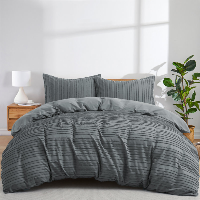 Bohemian Polyester Machine Tufted Duvet Cover, Charcoal Gray Stripe, Twin Duvet Cover + 1 Standard Pillowcase