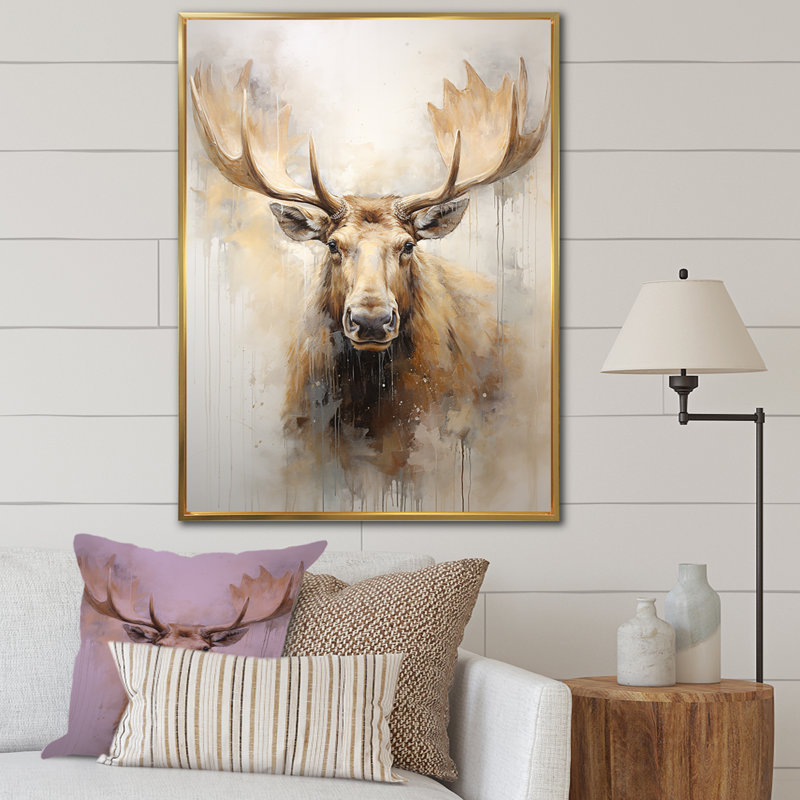 Portrait d'un orignal beige et doré - impressions sur toile, H 32 po x l 16 po x P 1 po, Cadre flottant doré