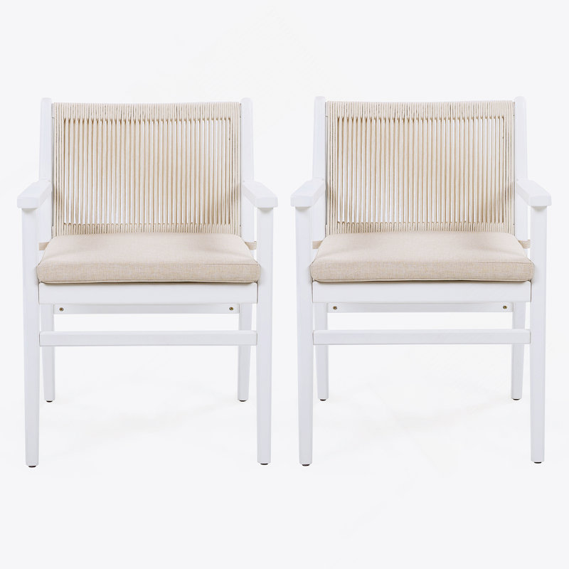 Ensemble de 2 chaises de salle à manger d'extérieur, fauteuil de patio en bois d'acacia avec dossier en corde et coussin hydrofuge, structure blanche, capacité de poids de 400 lb