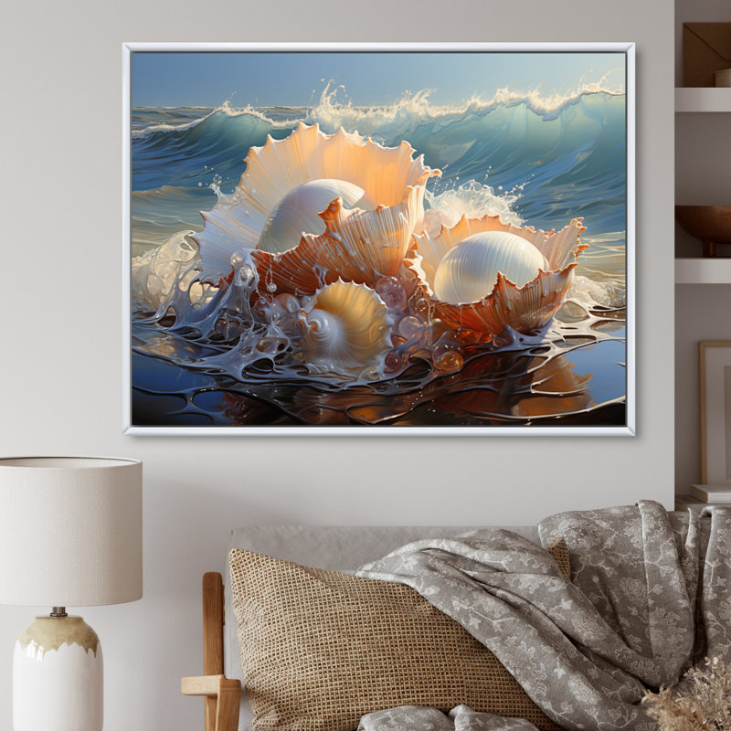 Coquillages blancs sur la plage - impression, Cadre flottant blanc, H 16 po x l 32 po x P 1 po