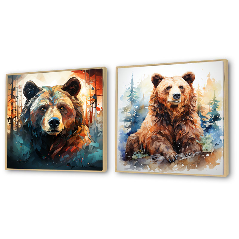 «Brown Bear Forest Portrait I», ensemble de 2 décorations murales d'ours, H 16 po x l 33 po x P 1 po, Cadre flottant brun