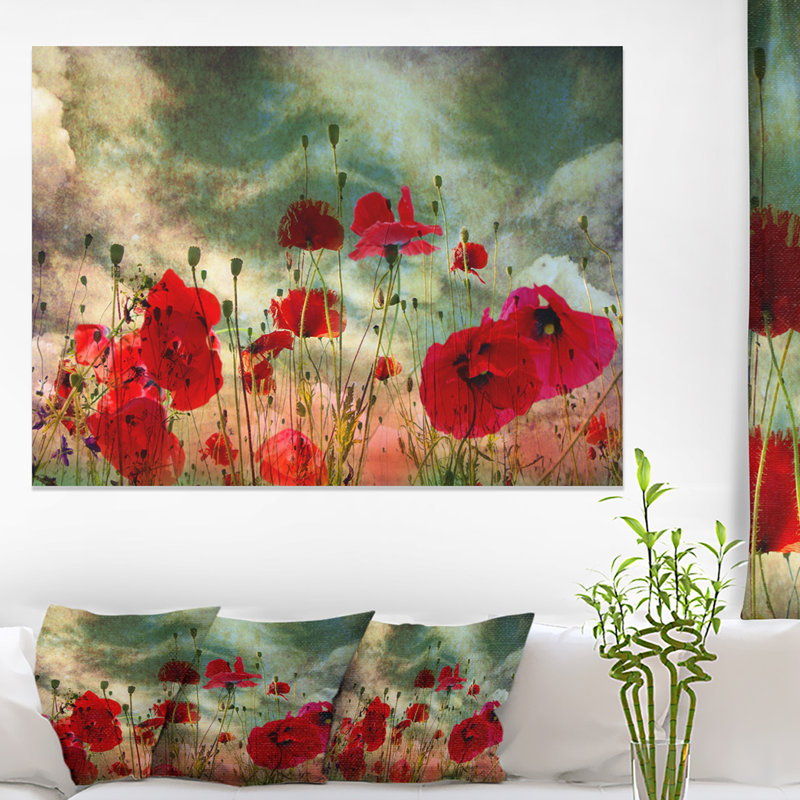 Wild Wild Poppy Flowers in Sky - Art mural floral en bois, H 16 po x l 32 po x P 1 po, Toile tendue