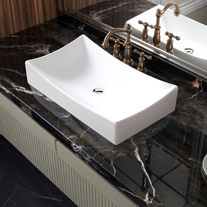 Ruth Series 22 po Lavabo vasque rectangulaire en céramique blanc brillant avec rebord incurvé pour meuble-lavabo de comptoir