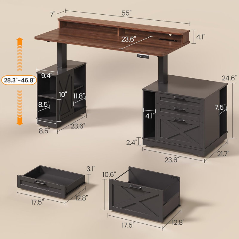 Farmhouse Electric Standing Desk, 55" Width Adjustable Computer Desk, Black