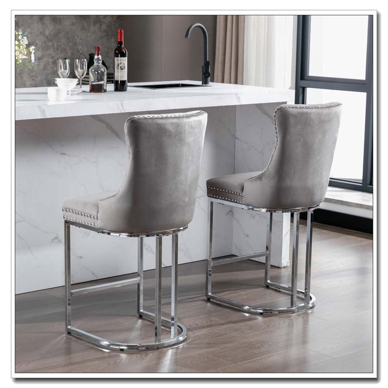 Tabourets de bar en velours avec dossier et garniture de rivets, Gris