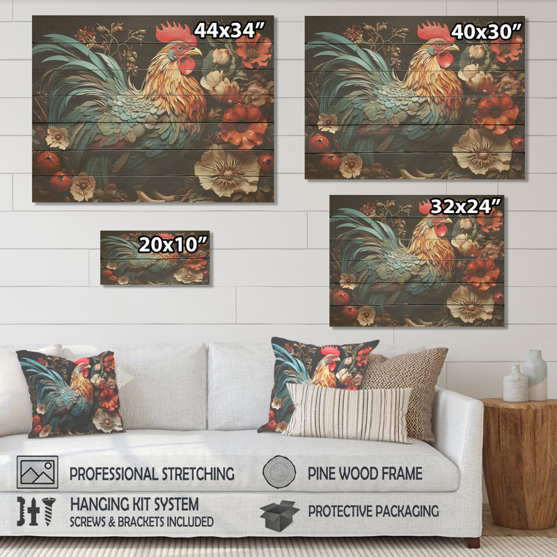 Modern Rooster Collage I - Poulet sur bois, H 30 po x l 40 po x P 0,78 po