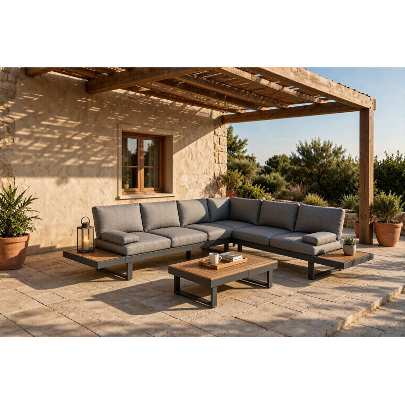 Ensemble de canapé modulaire d'extérieur avec méridienne coulissante Fonda, appui-tête réglable, table basse en teck massif et table d'appoint