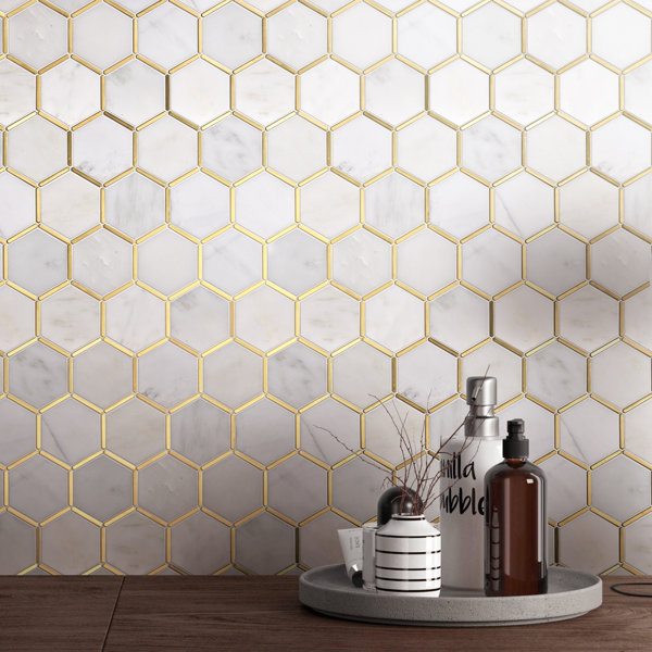 Natural 12.8 in. x 11.11 in. Hexagon Polished Marble Mosaic Tile