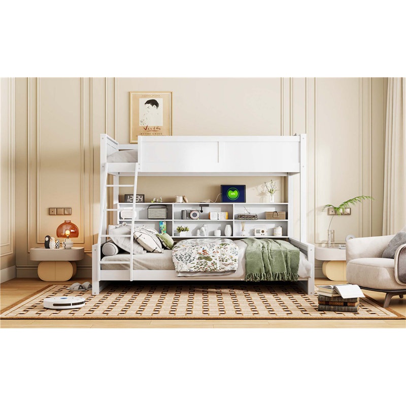Lit simple superposé au-dessus de grand lit simple avec armoires de rangement et ports USB, Blanc antique
