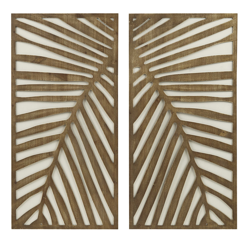Birch Palms Two-tone Wall Decor, Of 2 Pieces Contrast Wood Panel Art With Leaf
