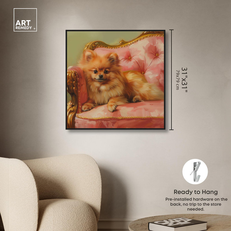 Canapé poméranien, reproduction d'art sur toile par Art Remedy, Cadre flottant noir, H 31 po x l 31 po x P 1,8 po