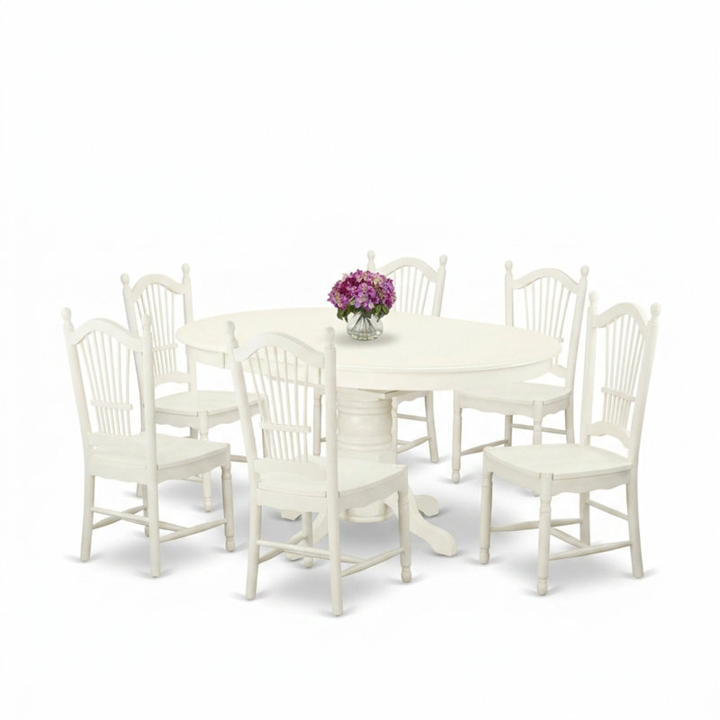 Ensemble de cuisine ovale 7 pièces en bois d'hévéa asiatique blanc lin, rallonge papillon et 6 chaises