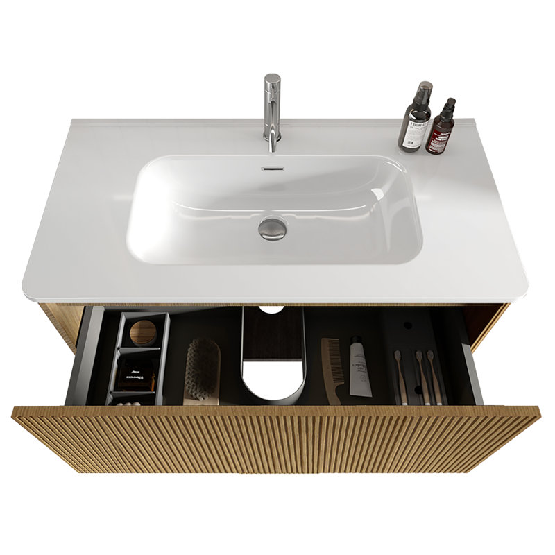 Meuble-lavabo simple mural avec plateau en céramique Gustavs, Chêne, 36"