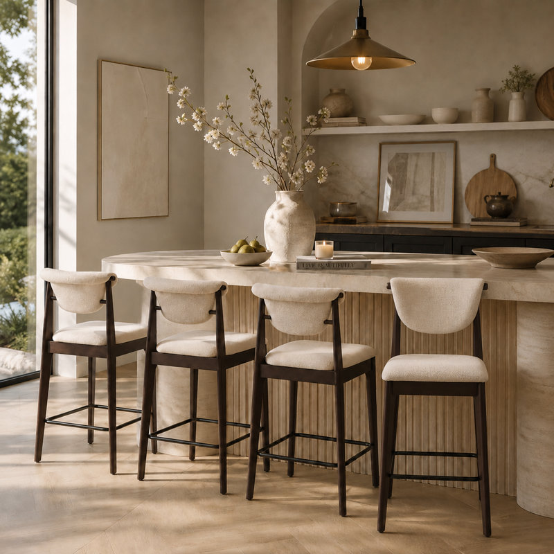 Tabouret de bar et de comptoir rembourré de style milieu du siècle, avec structure en bois massif, dossier incurvé, siège et repose-pieds rembourrés.