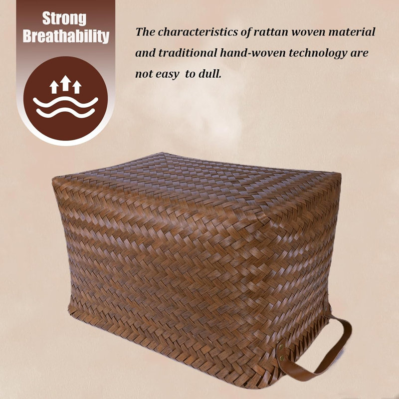 Set of 4 Reinforced Wire Frame PP Rattan Storage Baskets with Faux Leather Handles