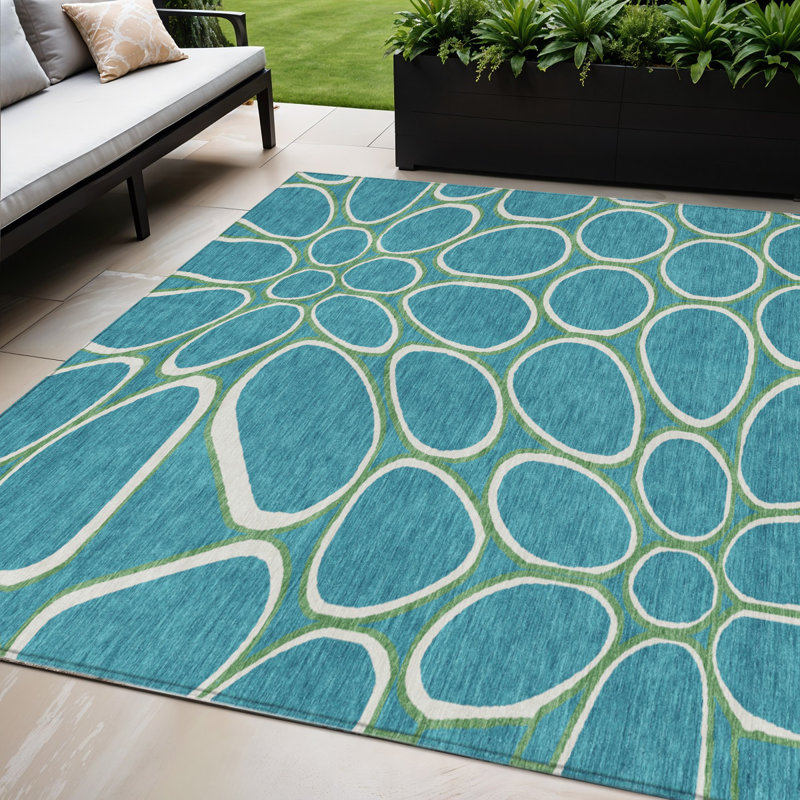 Tapis intérieur bleu sarcelle lavable abstrait abstrait 5 pi x 8 pi HomeRoots