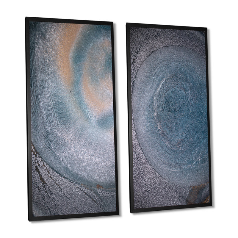 «Luxury Grey and Blue Fluid Art II», ensemble de 2 photographies sur toile, H 20 po x l 24 po x P 1 po, Cadre photo noir